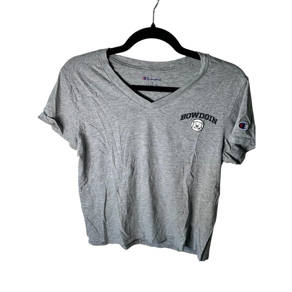 Champion Bowdoin College V-Neck T-Shirt Heather Gray Polar Bear Mascot Small